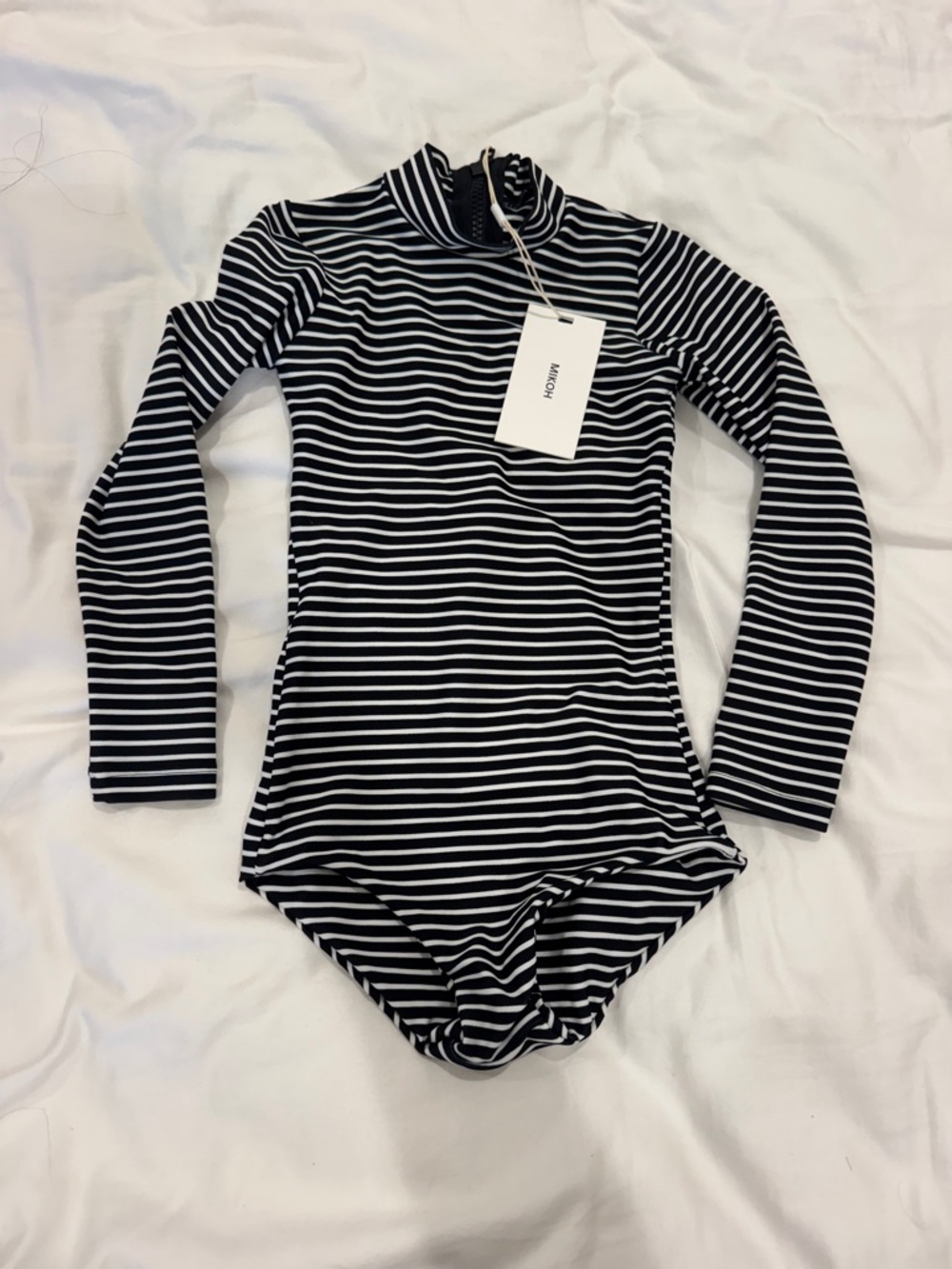 Mikoh Black and White Striped Long-Sleeve Girls One-Piece Swimsuit